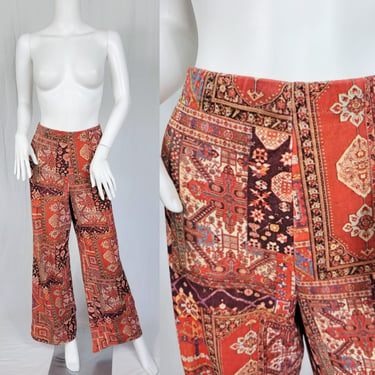 ACT II 1970's Orange Velour Tapestry Print Wide Leg Stretch Pants I Sz Lrg I W: 32