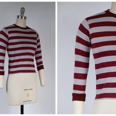 1950s Tee - Vintage Boy's Striped T-Shirt in Burgundy and Grey, Fits XS/Small Adult 
