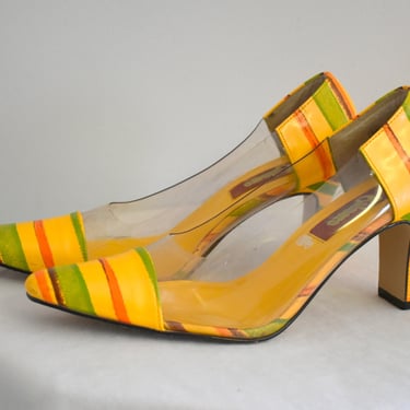 1990s Salsero Yellow Striped Vinyl Heels, Size 8W 