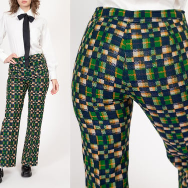 Medium 70s Green Plaid Pants 29" NWT | Retro High Waisted Bootcut Trousers 