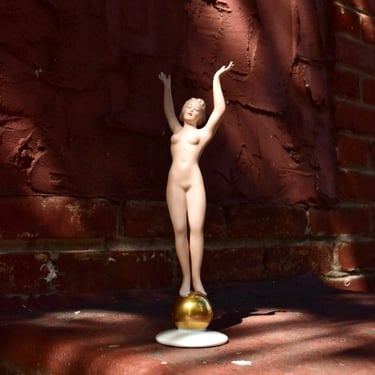 Vintage Signed WALLENDORF Hand Painted & Gilded Nude Globe Porcelain Figurine, 12" Tall 