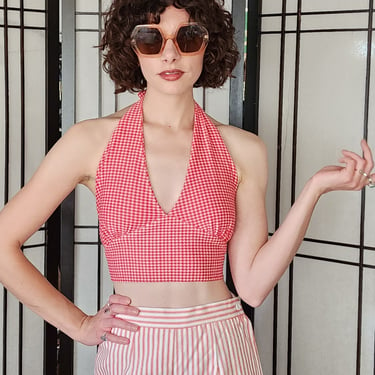 70s Halter Top Red White Checked Print 