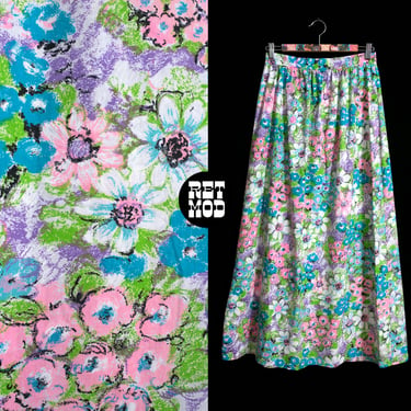 Lovely Vintage 60s 70s Pastel Pink Blue Green Black Flower Power Maxi Skirt by Raymour 
