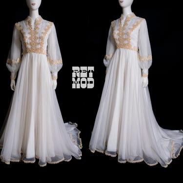 AMAZING Vintage 70s White Victorian Style Long Sleeve Wedding Gown with Train 
