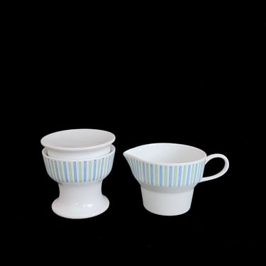 Vintage Mid Century Modern Paul Mccobb Contempri STICKS Creamer and Sugar Bowl w Lid Jackson Internationale Japan White, Blue & Green Design 