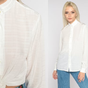 White Ruffle Blouse 70s Semi Sheer High Neck Button Up Top Retro Preppy Secretary Shirt Victorian Blouse Long Sleeve Vintage 1970s Small S 