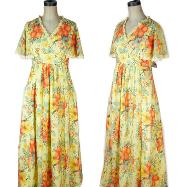 1970s Dress ~ Poppy Print Yellow Floral Cotton Mazy Dress with Cape Sleeves 