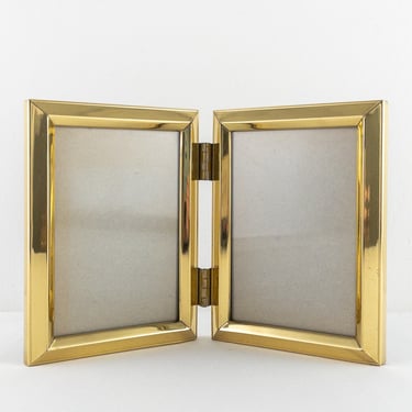 Vintage Double 3.5" x 5" Lacquered Brass Picture Frame, Folding Hinged Gold Metal Photo Frame for Tabletop or Wall 