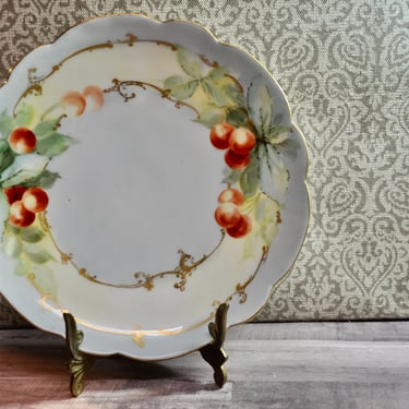 Antique Cabinet Plate Hand Painted Cherries Gold Gilt Rim and Scrolls Signed Limoges France Home Office Decor Wall Display Dish Wedding Gift 