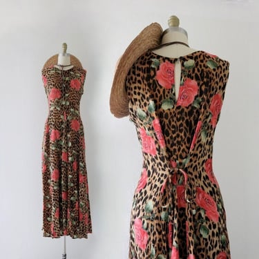 leopard rose maxi dress - s - vintage 90s y2k flowy long gauze boho bohemian animal print floral size small sleeveless spring summer dress 