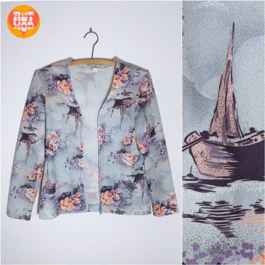 Unique Vintage 70s Boat & Flowers Novelty Print Lightweight Jacket Top 