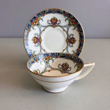 Antique Mintons China Tea Cup and Saucer Blue Gold and Floral Swag 
