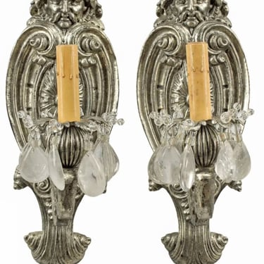 Baroque Silvered Bronze & Rock Crystal Prism Figural Wall Sconce Pair Maison Bagues 