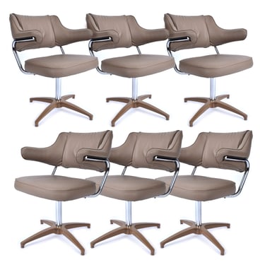 Set of 6 Mid-Century Modern Nineteen-Laties Beige and Chrome Swivel Task Chairs 