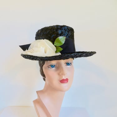 1960's Black Raffia Straw Boater Style Hat High Crown Brimmed White Silk Rose Trim 60's English Millinery Hudson's  Bay Company 