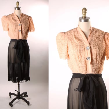 1940s Blush Pink Ruched Short Sleeve Sheer Black Skirt Knee Length Dress -S 