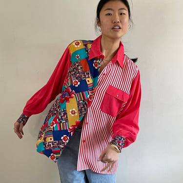 90s silk blouse / vintage red multicolored colorblock color block contrast print silk crepe oversized pocket over shirt blouse | Large 