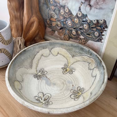 Free Shipping Within Continental US - Signed Vintage Pottery. Grey Blue Abstract Design on a Bowl with the Signature on the Bottom. 