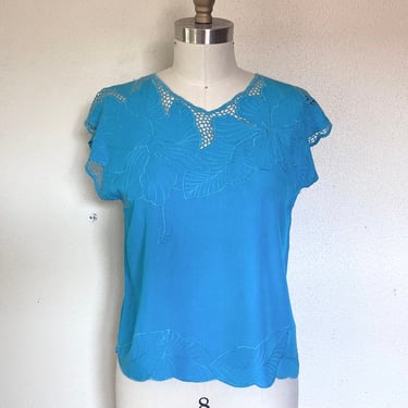 1980s Turquoise Cutwork rayon blouse 