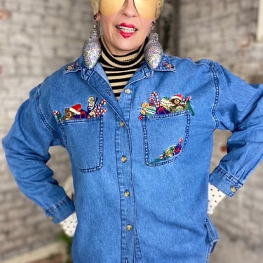 Vintage Christmas Denim Button Up Holiday Party 