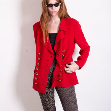 Vintage Lolita Lempicka 90s Red Blazer with Gold Rainbow Glass Buttons 1990s Acetate Double Breasted French Designer 