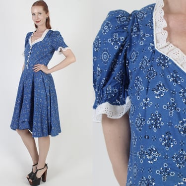 70s Handkerchief Floral Dress, Vintage Hanky Print Country Outfit, Folk Homespun Blue Cotton Midi Frock 