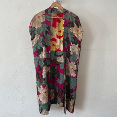 Vintage Magenta Floral Silk Kimono w/ Detached Sleeves