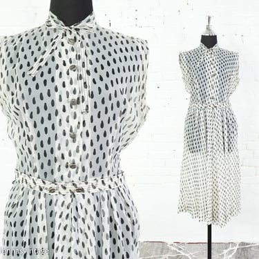 1940s White Polka Dot Dress | 40s Black & White Polka Dot Nylon Dress | Small 