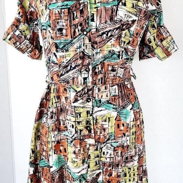 Vintage 50s Novelty Print Dress Button Down Front Short Sleeves / M 