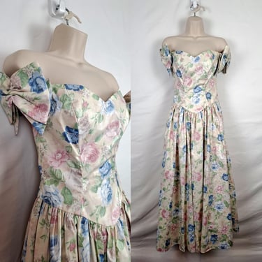 Vintage 90s Cream Floral Prom Dress, Size Extra Small 