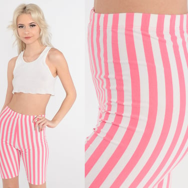 Striped Bike Shorts 90s Pink White Exercise Shorts Gym High Elastic Waist Retro Cycling Tight Fitted Gym Vintage 1990s L.A Workout XS S 