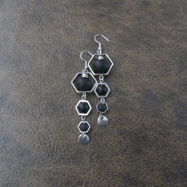 Black frosted glass and silver hexagon earrings 