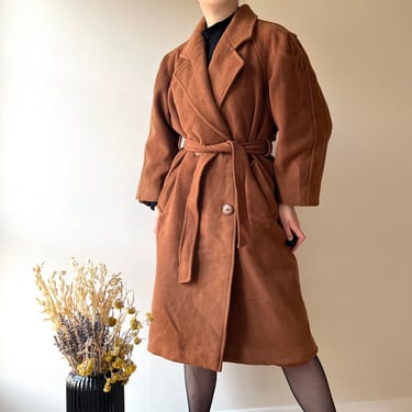 Original 80s 90s French Affinites Brown Camel Trench Coat Cashmere Wool XS-S 