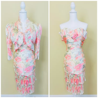 1980s Yvonne Jacovou Pleated Floral Dress Set / 80s Strapless Ruffled Cream Party Dress and Bolero / XS 