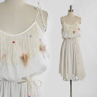 Vintage 70s white cotton gauze beaded fringe feather dress 