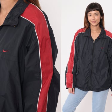 Nike Windbreaker Jacket Y2K Black Nylon Shell Full Zip Jacket Striped Streetwear Black Red White 00s Sportswear Men's Large 