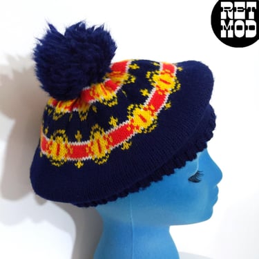 Fun Vintage 70s Navy Blue Red Yellow Patterned Winter Beret with Pompom 