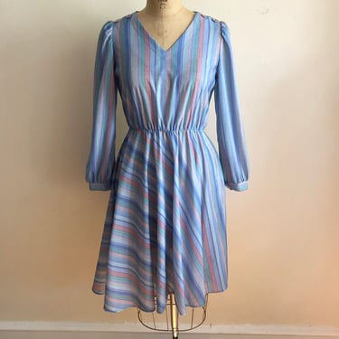 Blue and Mauve Striped Midi Dress - 1980s 