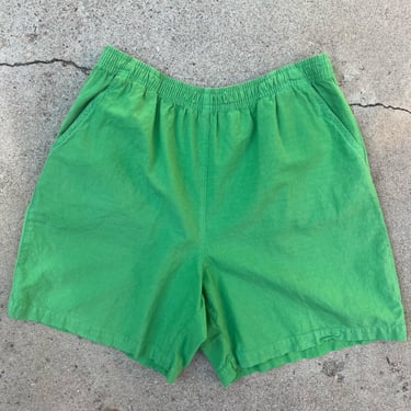 Vintage 90s Bright Green Cotton Elastic Waist Baggy Summer Shorts Medium 