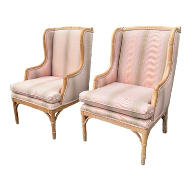 Free Shipping Vintage Faux Bamboo Pair of Wingback Chairs Hollywood Regency 