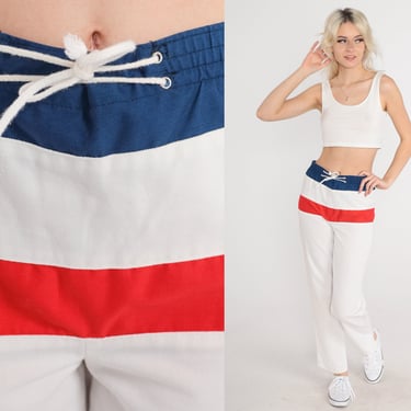 80s Striped Pants White Preppy Nautical Track Pants Elastic Drawstring Waist Blue Red 1980s Sports Vintage Sailor Sporty Extra Small xs 