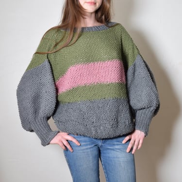 Vintage OOAK Hand Knit Loose Weave COLOR BLOCK Rugby Stripe Sage Gray + Pink Juliet Sleeve Sweater Jumper Top 
