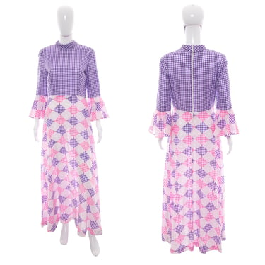 1970's Purple and Pink Gingham Print Maxi Dress Size M