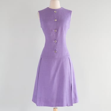 Fabulous 1960's Lavender Linen Shift Dress With Gumball Glass Buttons / ML