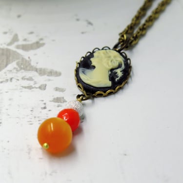 Vintage Cameo Necklace, Orange Beaded Jewelry, Gift for Women, Halloween Necklace, Autumn Jewelry 