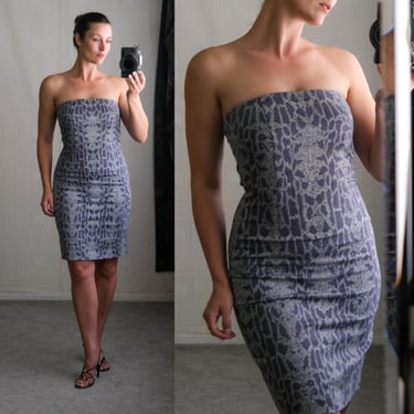 Vintage 90s BEBE Blue Strapless Wiggle Dress w/ Snakeskin Print | Made in USA | 1990s Designer Bodycon Clueless Grunge Era Mini Dress 