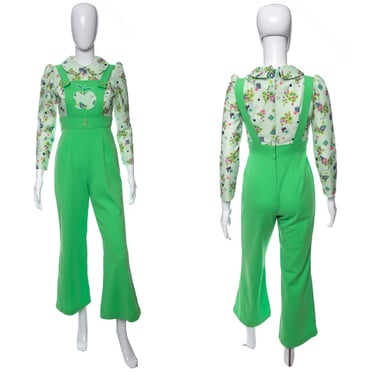 1970's Green Floral and Apple Detail Long Sleeve Jumpsuit Size S