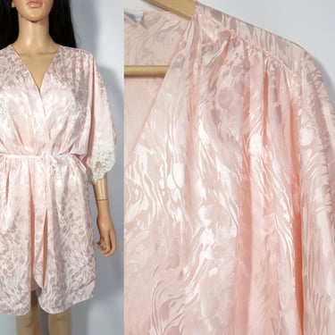 Vintage 90s Pastel Pink Shimmery Abstract Print Lace Trim Silky Loungewear Short Robe Size One Size 
