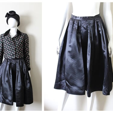 50s Skirt / Vintage 1950s Nelly de Grab Rockabilly BLACK Silk Satin Holiday Party Evening Full Skirt Metal Zipper // US 4 6 Small 