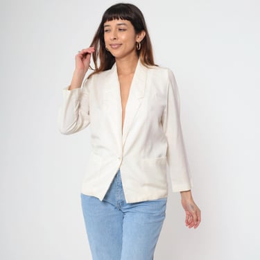 Vintage White Blazer Jacket 80s Deep V Neck Button Up 1980s Structured Work Blazer Single Button Plain Solid Size 2 Petite xs 